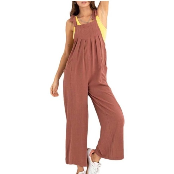 HYFVE LINEN BLEND PLEATED JUMPSUIT Size large brown terracotta color - Picture 1 of 6